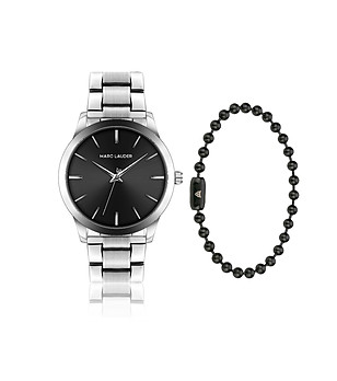 Комплект от часовник и гривна в сребристо и черно Lyon снимка