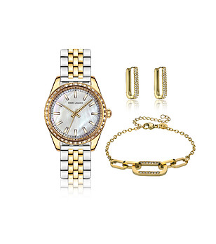 Комплект от часовник, обеци и гривна в сребристо и златисто снимка