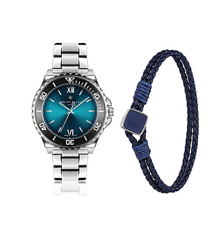 Мъжки комплект от часовник и тъмносиня кожена гривна Onex снимка