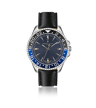 Сребрист мъжки часовник с черна кожена каишка Bulle снимка