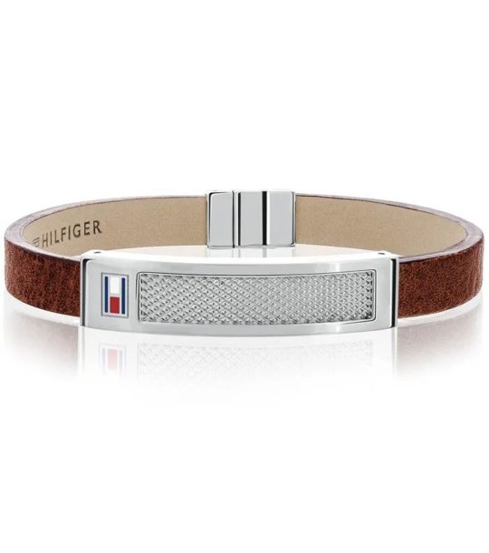 Мъжка кожена кафява гривна със сребриста плочка снимка