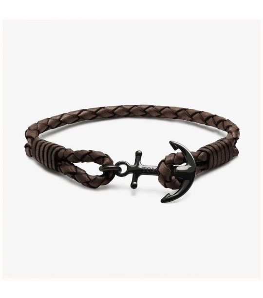 Кожена тъмнокафява гривна с котва снимка