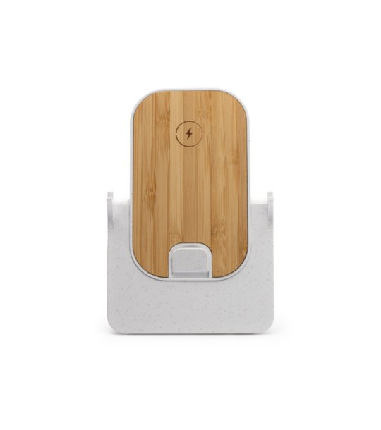 Безжично зарядно с поставка ALOK в бяло и бамбук снимка