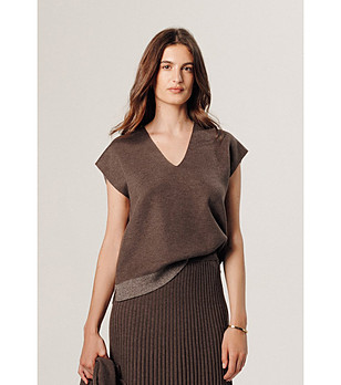 Дамски пуловер в кафяво с V-образно деколте Tina снимка