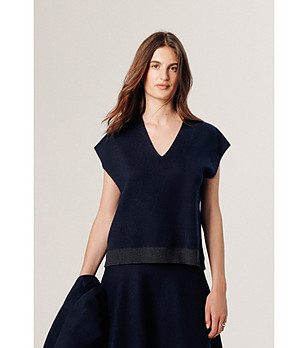 Дамски пуловер в тъмносиньо с V-образно деколте Tina снимка