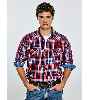 Мъжка памучна карирана риза в червено и тъмносиньо Retinezi снимка