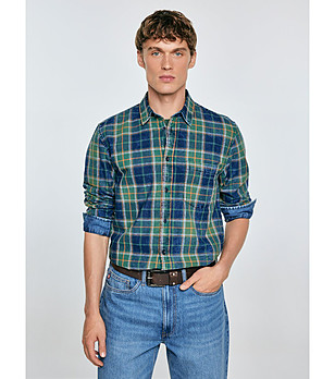 Мъжка памучна карирана риза в зелено и тъмносиньо Merowi снимка