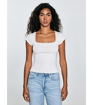 Бяла памучна дамска блуза с къс ръкав Madlena снимка