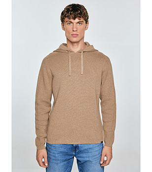 Бежов мъжки памучен пуловер с качулка Hoodsy снимка