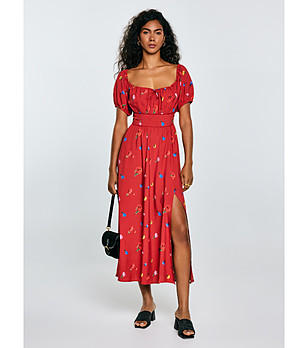 Червена рокля с флорални мотиви Roksi снимка