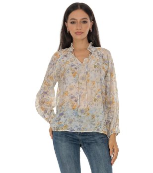 Ефирна дамска блуза в екрю с принт в жълто снимка