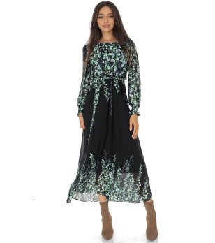 Черна рокля с флорален принт в зелено снимка