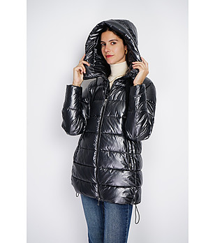 Дамско зимно яке в цвят графит с лъскав ефект снимка