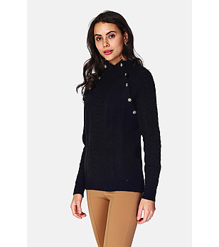 Черен дамски пуловер с плетеници и копчета снимка