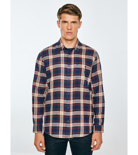 Мъжка памучна карирана риза в тъмносиньо и бежово Flaneno снимка