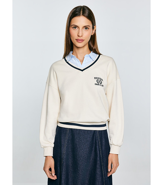 Пуловер с памук в цвят крем с тъмносин кант Gabriella снимка