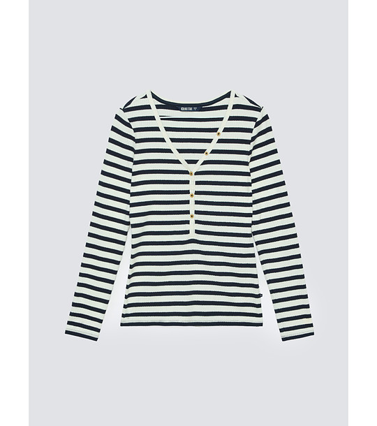 Дамска памучна блуза в бяло и тъмносиньо на райе Mella снимка