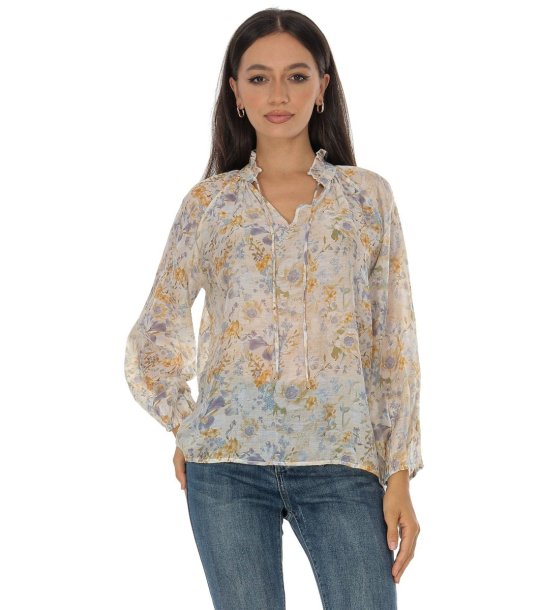 Ефирна дамска блуза в екрю с принт в жълто снимка