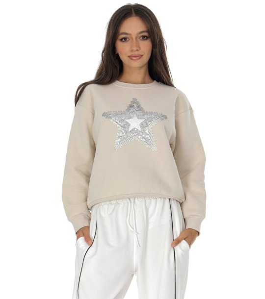 Светлобежов дамски пуловер със звезда снимка