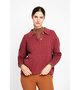 Дамски пуловер в бордо с плетеници снимка