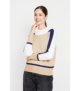 Дамси пуловер в бежово, тъмносиньо и бяло снимка
