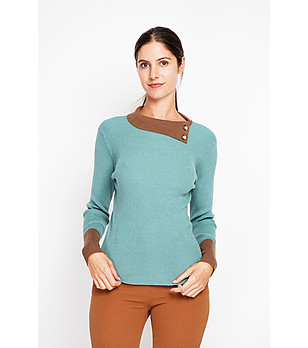 Дамски пуловер в тюркоаз и кафяво с асиметрична яка снимка