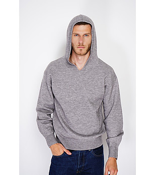 Сив мъжки пуловер с кашмир и с качулка снимка