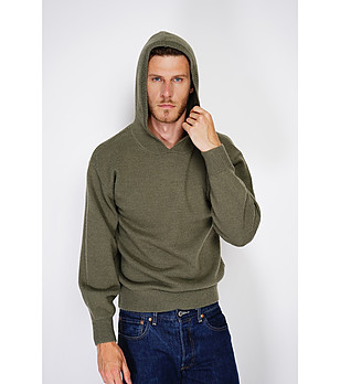 Мъжки пуловер в цвят каки с качулка и с кашмир снимка