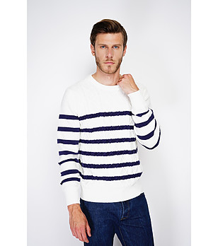 Мъжки пуловер в цвят крем на тъмносиньо райе с кашмир снимка