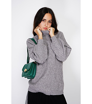 Сив дамски пуловер с поло яка с кашмир снимка