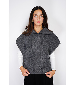 Сив дамски пуловер с кашмир и с яка снимка