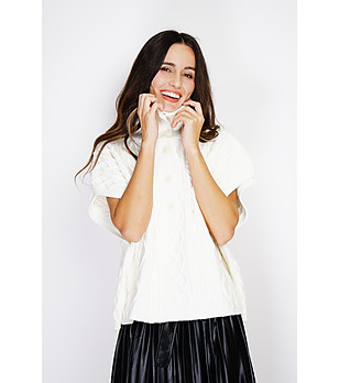 Дамски пуловер с кашмир в цвят крем с яка снимка