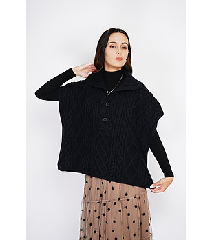 Черен дамски пуловер с кашмир с яка снимка