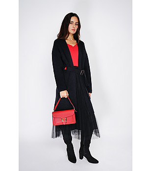 Дълга дамска жилетка с кашмир в черно с колан снимка