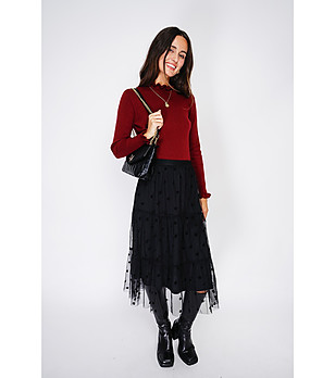 Дамски пуловер в бордо с къдрички и с кашмир снимка