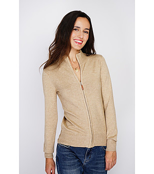 Дамска жилетка в цвят камел с цип с кашмир снимка