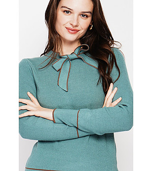 Дамски пуловер в тюркоаз с връзка при деколтето с кашмир и коприна снимка