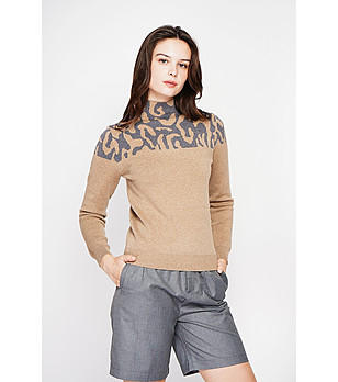 Дамски пуловер в бежово и сиво с кашмир снимка