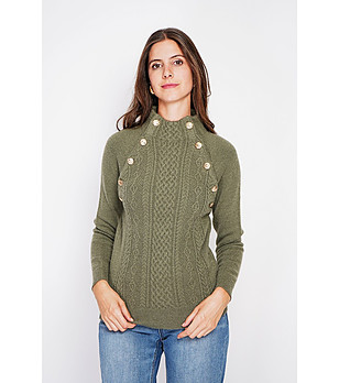 Дамски пуловер в цвят каки със златисти копчета снимка