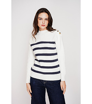 Дамски пуловер в цвят крем на тъмносиньо райе снимка