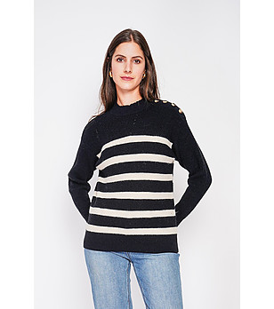 Дамски пуловер на райе в черно и бежово снимка