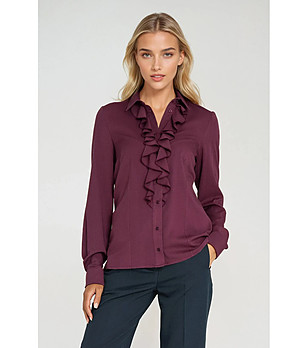 Дамска риза в цвят слива с жабо снимка