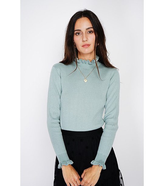 Дамски пуловер в светлозелено с къдрички и с кашмир снимка