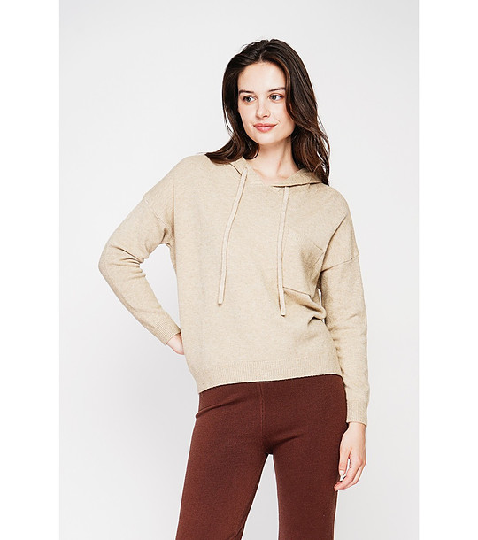 Бежов дамски пуловер с качулка и с кашмир снимка