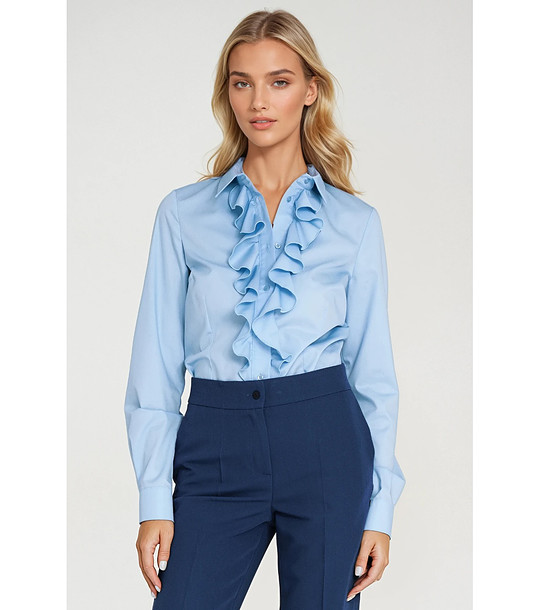 Светлосиня дамска риза с жабо снимка