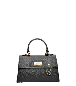 Малка кожена трапецовидна чанта в черно снимка