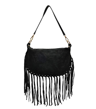 Черна дамска велурена чанта с ресни снимка