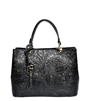 Черна кожена чанта с флорална щампа Megan снимка