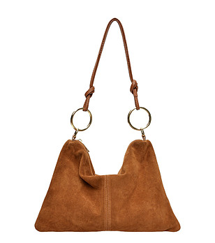 Велурена дамска трапецовидна чанта в цвят коняк снимка