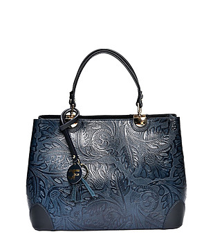 Тъмносиня кожена чанта с флорална щампа Megan снимка